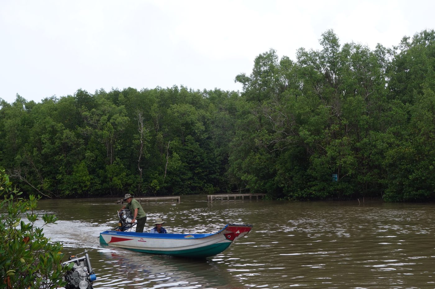 Field survey by boat in a Mekong Delta mangrove channel